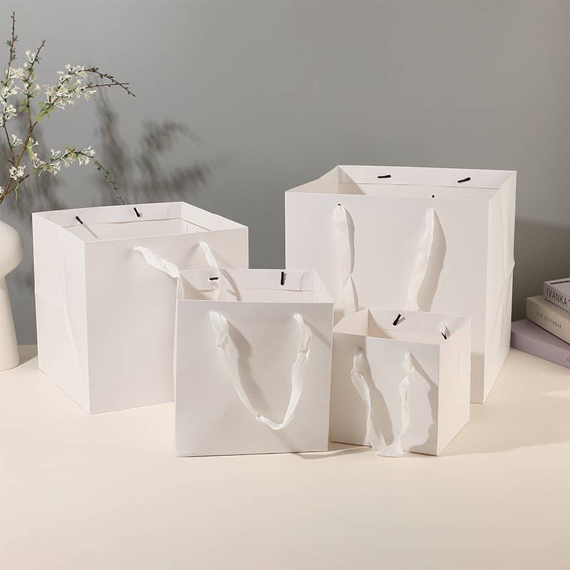 All White Square Cotton Handle Paper Gift Bag w/ free tissue