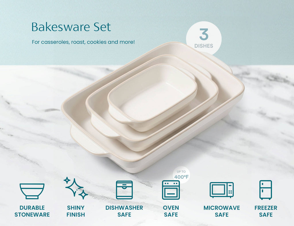 Kook Ceramic Rimmed Baking Dish Set of 3, White