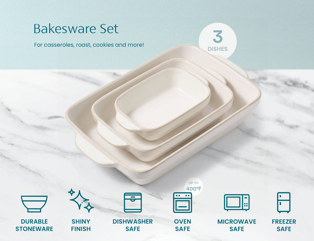 Kook Ceramic Rimmed Baking Dish Set of 3, White