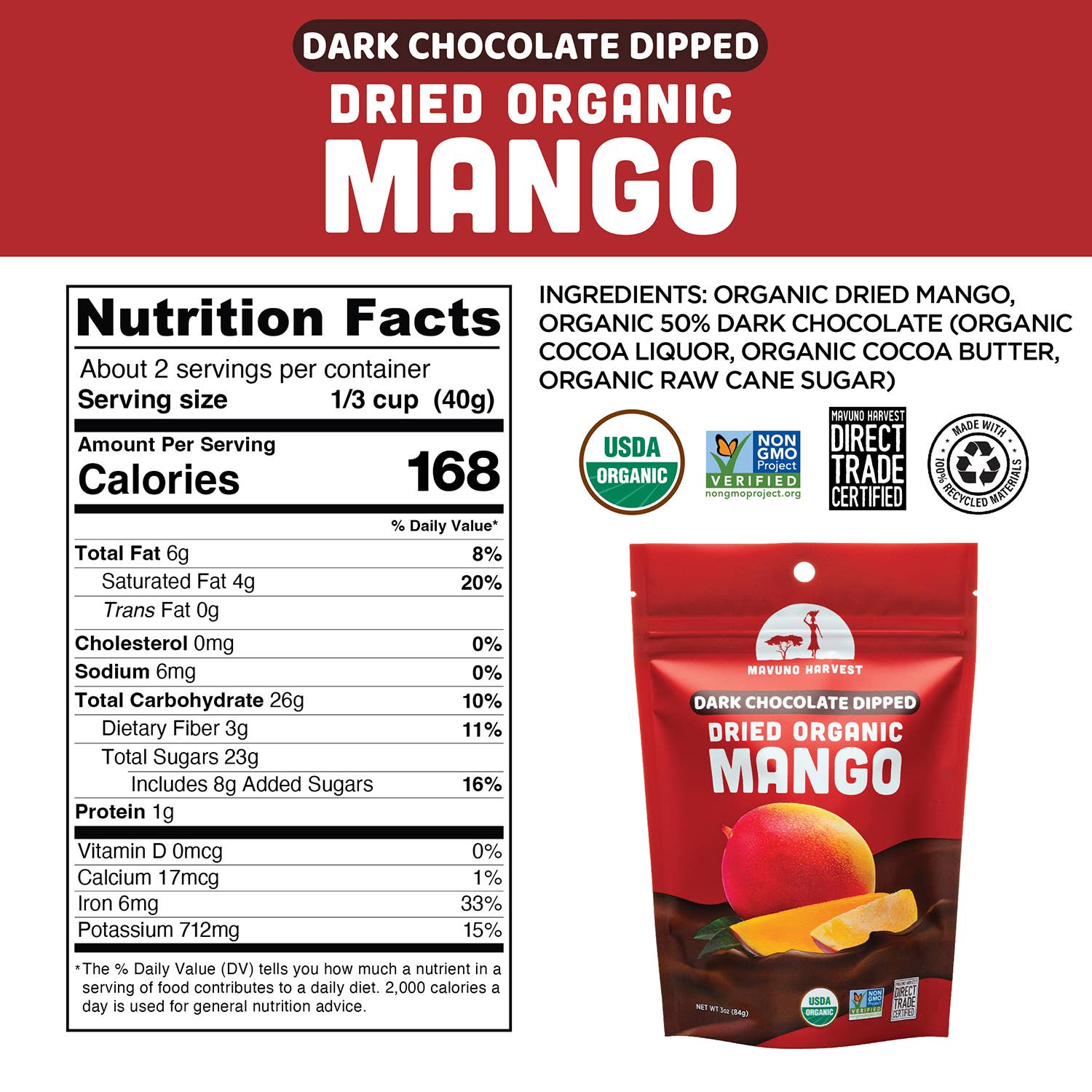 Organic Dark Chocolate Dipped Dried Mango, 6-pack case