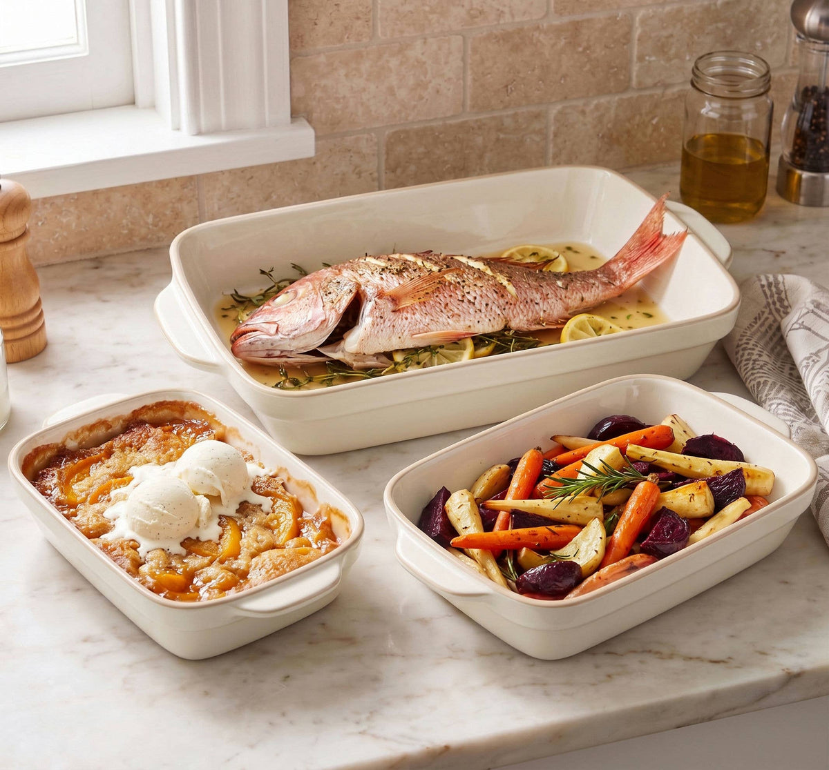 Kook Ceramic Rimmed Baking Dish Set of 3, White