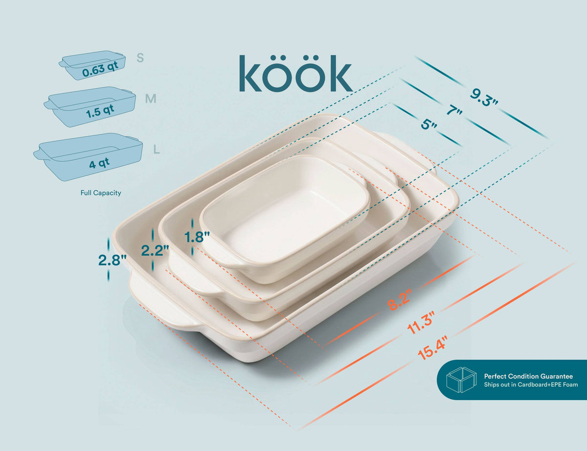 Kook Ceramic Rimmed Baking Dish Set of 3, White