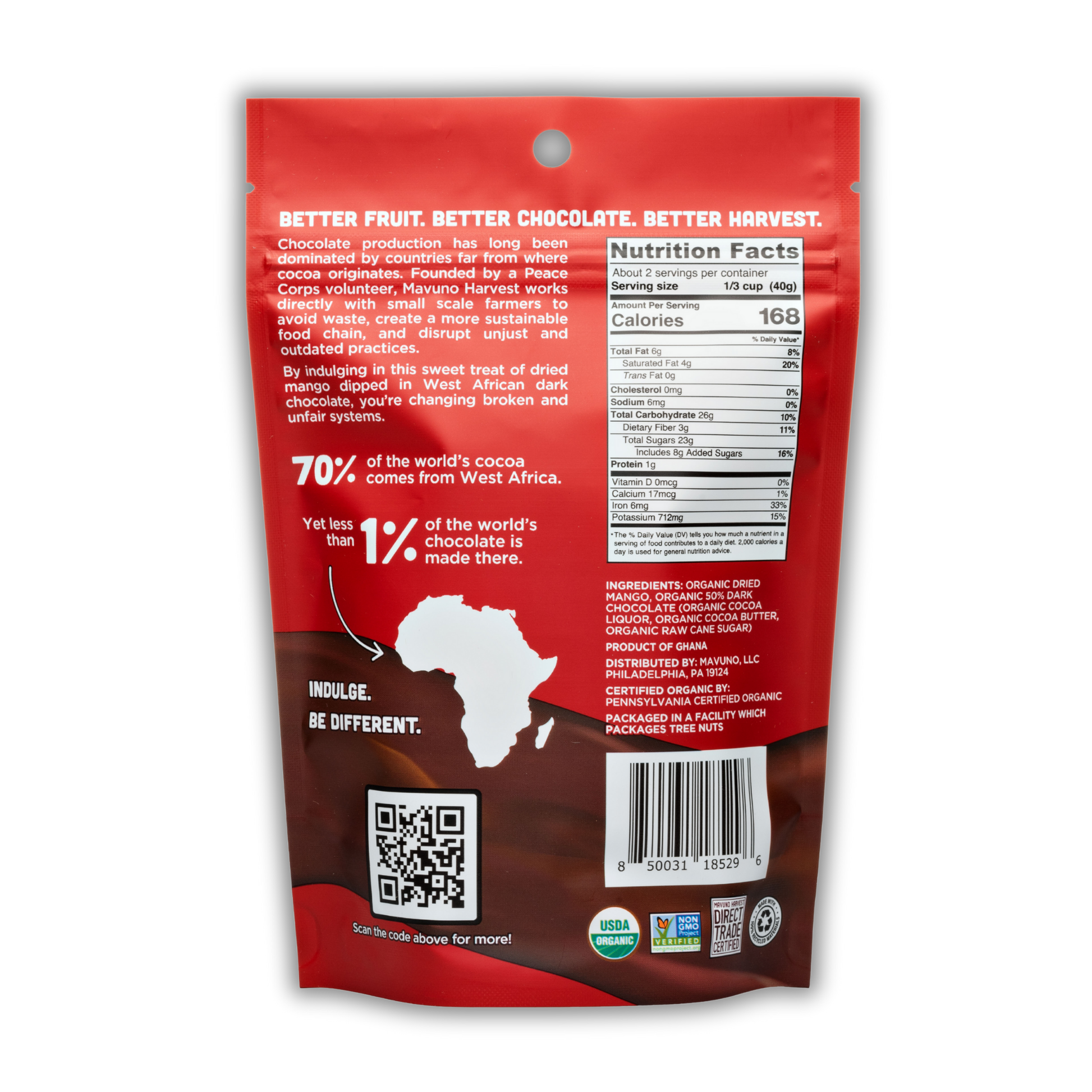 Organic Dark Chocolate Dipped Dried Mango, 6-pack case