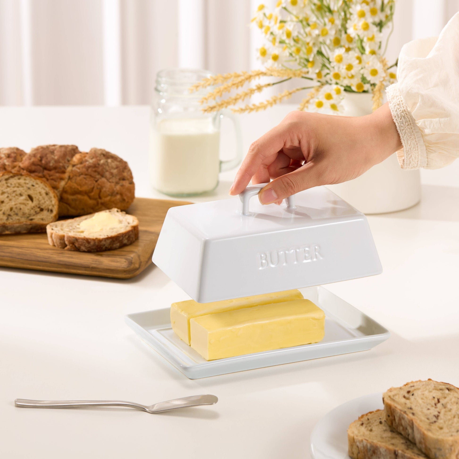 Ceramic Extra Large Butter Dish with Lid, White