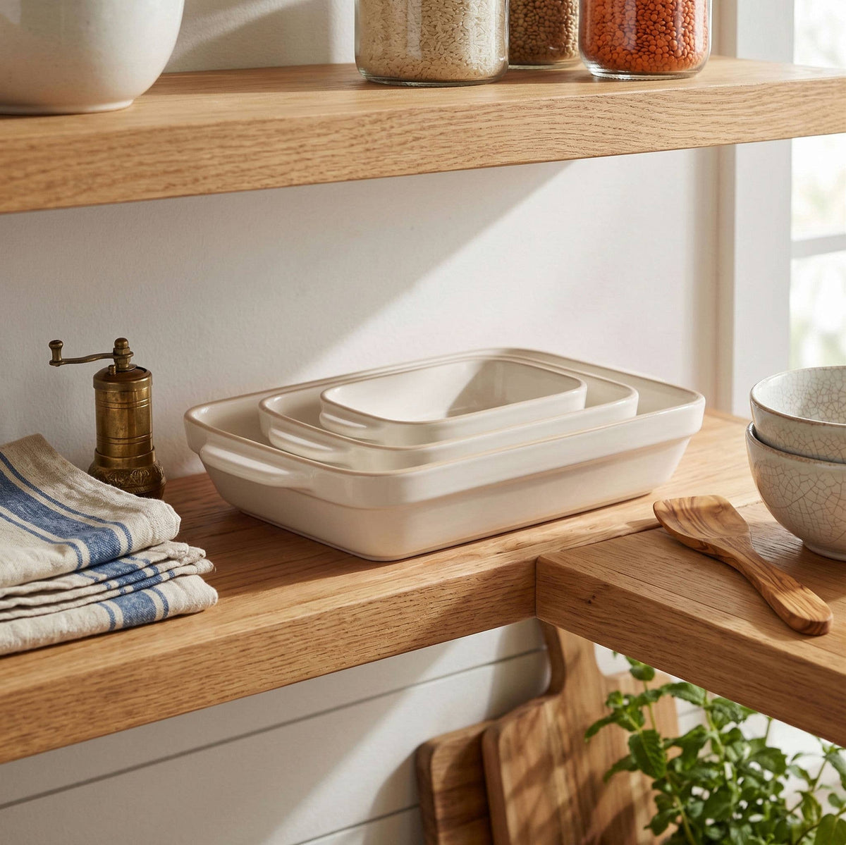 Kook Ceramic Rimmed Baking Dish Set of 3, White