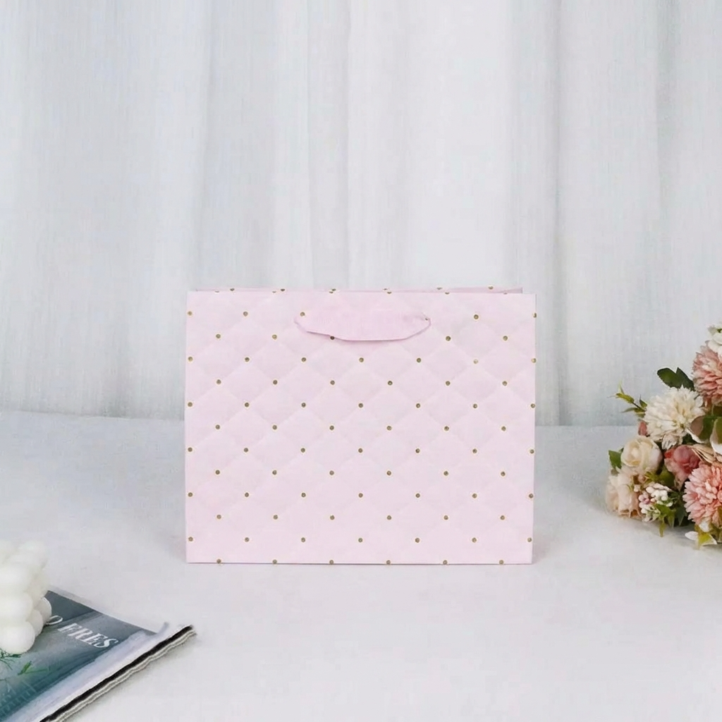 12pcs, 2 sizes Pink dot wavy surface gift bag w/ free tissue