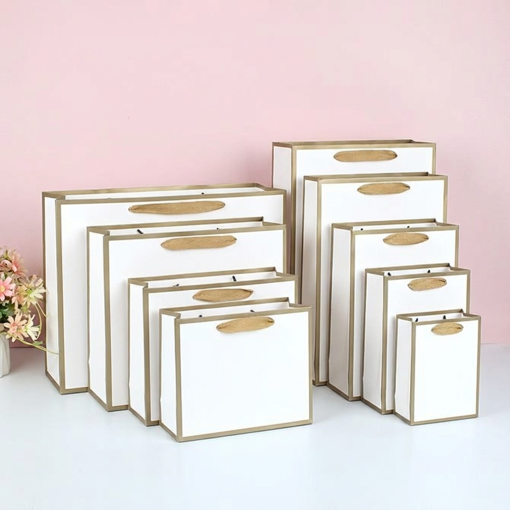 White with Gold Border Paper Gift Bag w/ free tissue