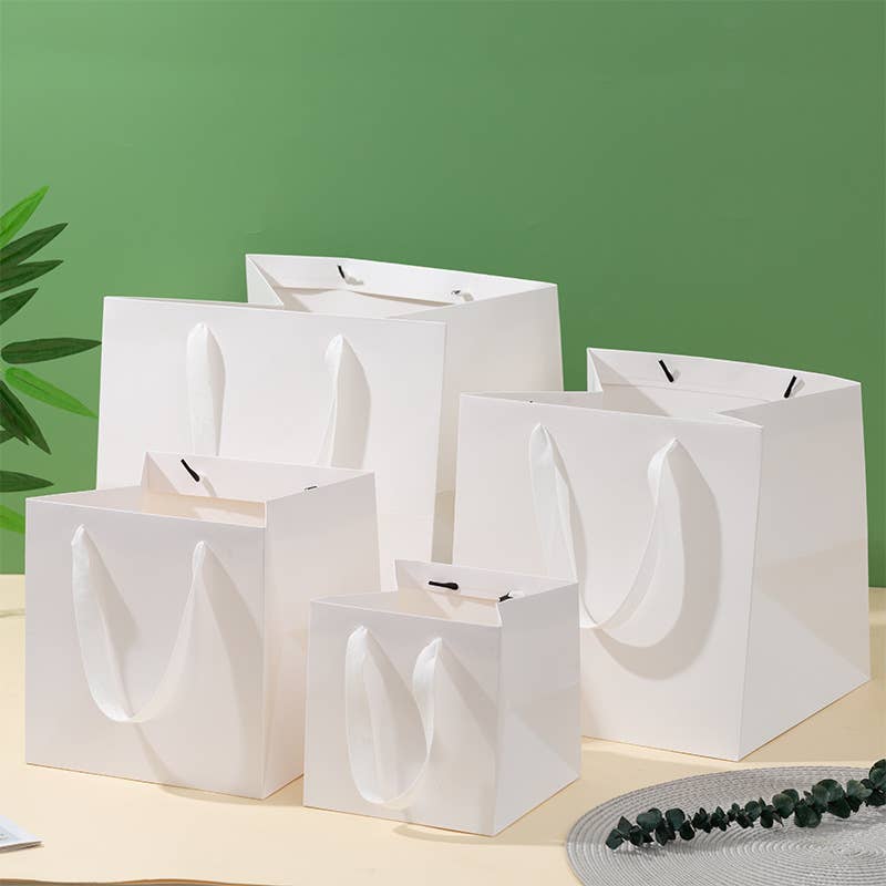 All White Square Cotton Handle Paper Gift Bag w/ free tissue