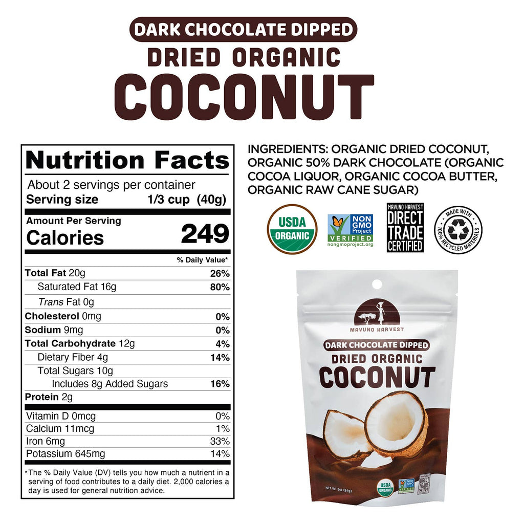 Organic Dark Chocolate Dipped Dried Coconut, 6-pack case