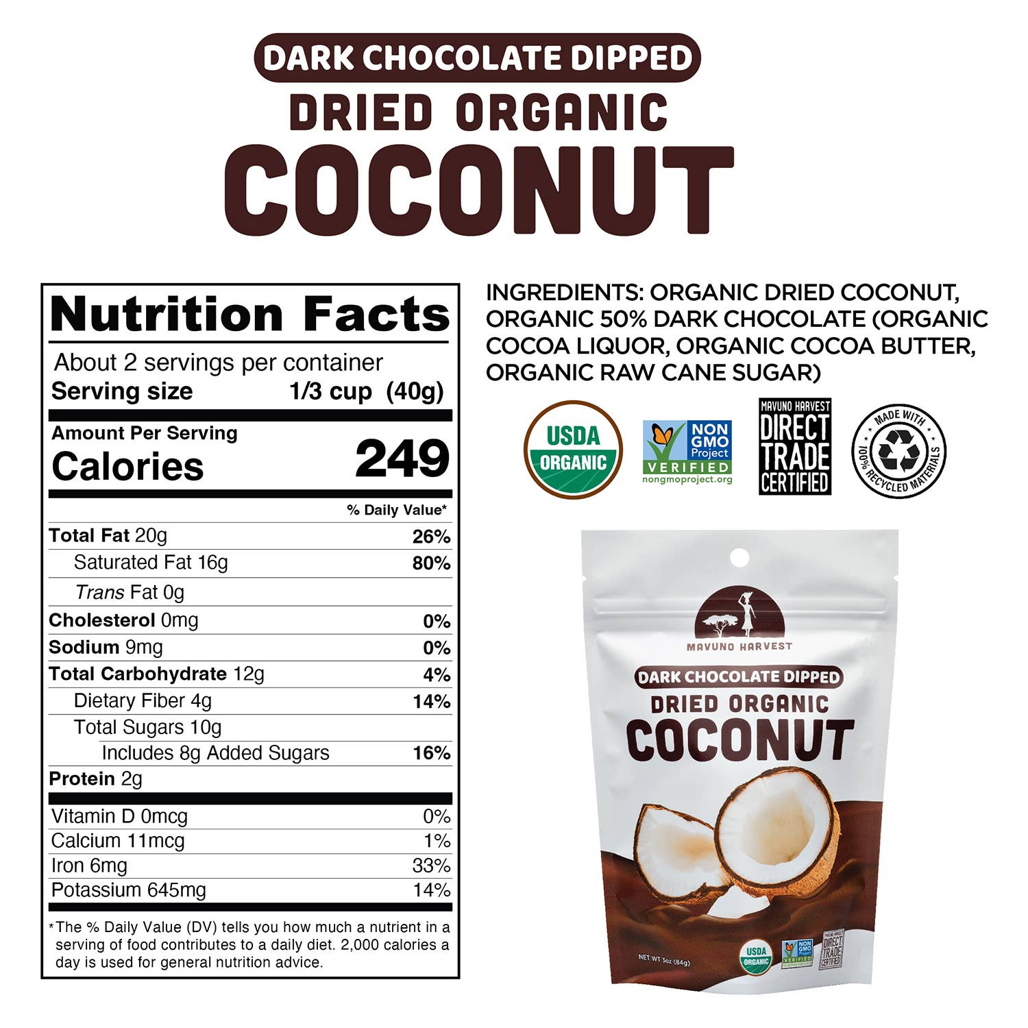 Organic Dark Chocolate Dipped Dried Coconut, 6-pack case