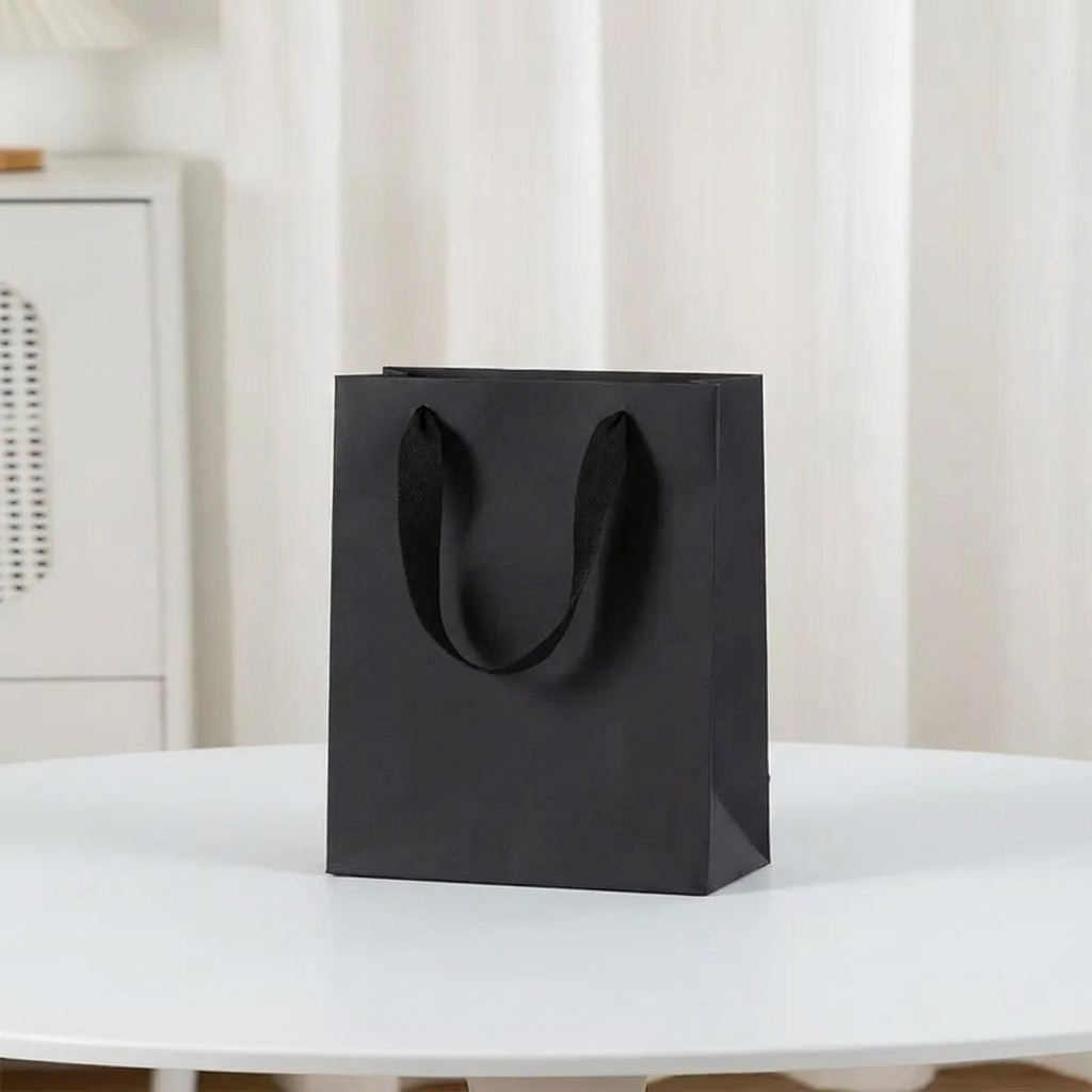 10pc, All Black Cotton Handle Paper Gift Bag w/ free tissue