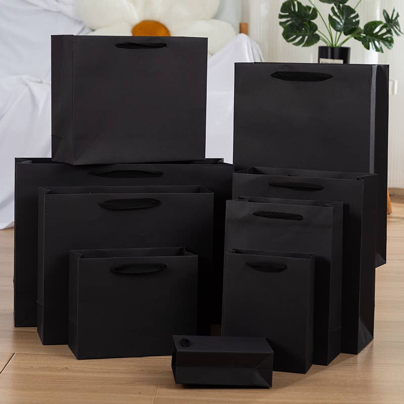 10pc, All Black Cotton Handle Paper Gift Bag w/ free tissue