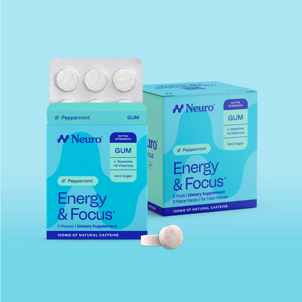 Neuro Extra Strength Energy and Focus peppermint gum packs at an angle