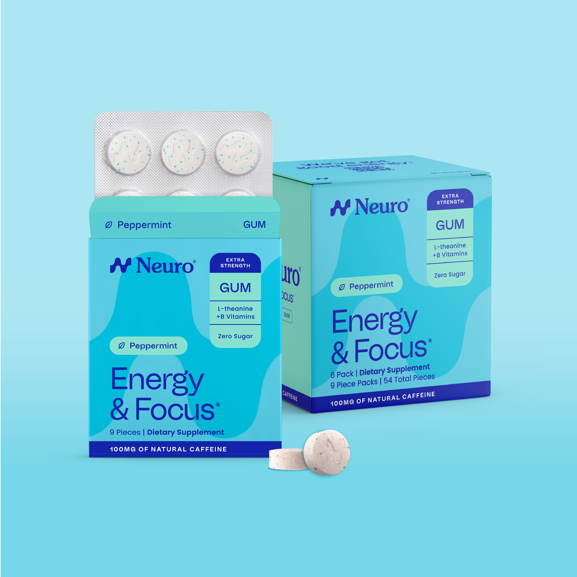 Neuro Extra Strength Energy and Focus peppermint gum packs at an angle