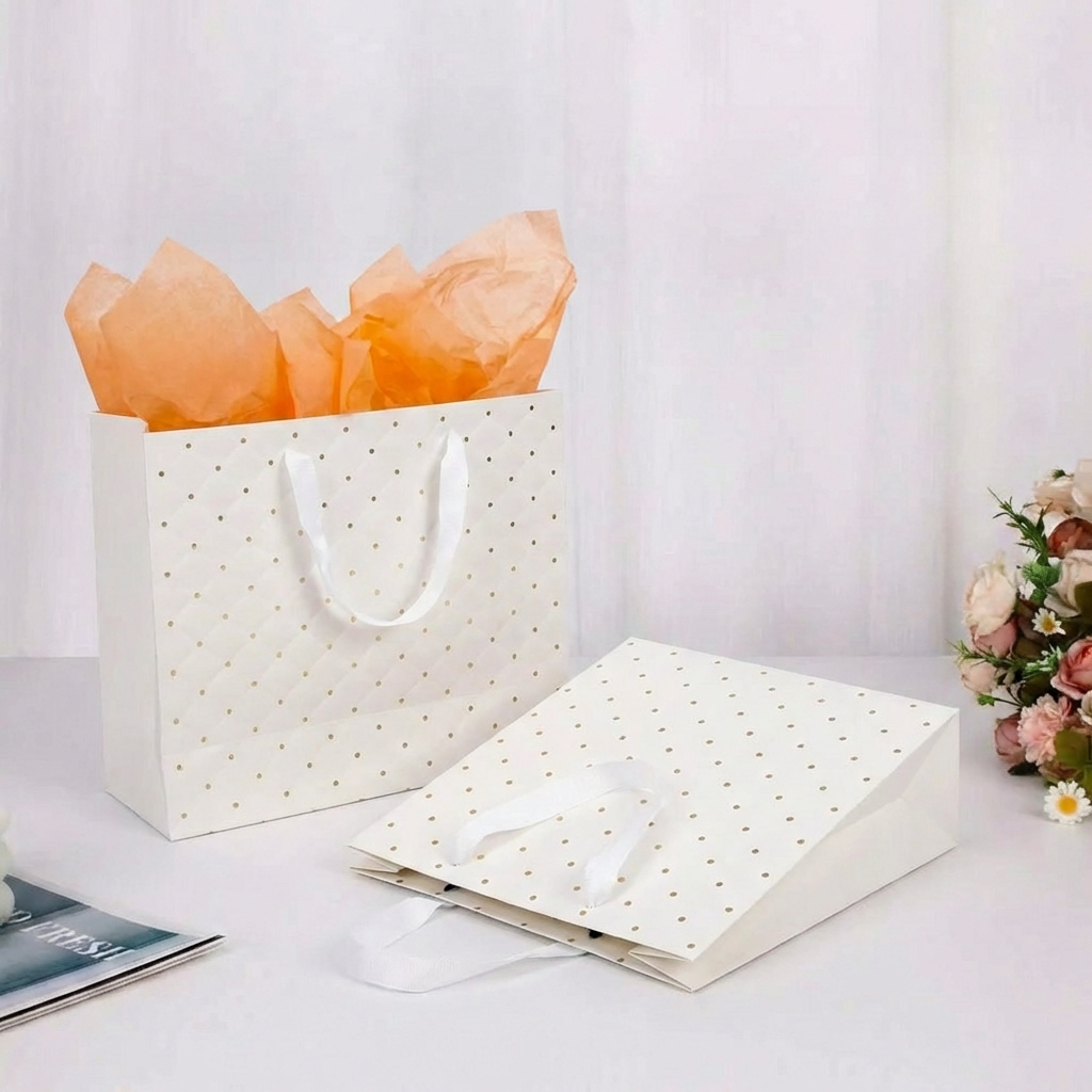 12pcs, 2 sizes Ivory dot wavy surface gift bag w/ tissue