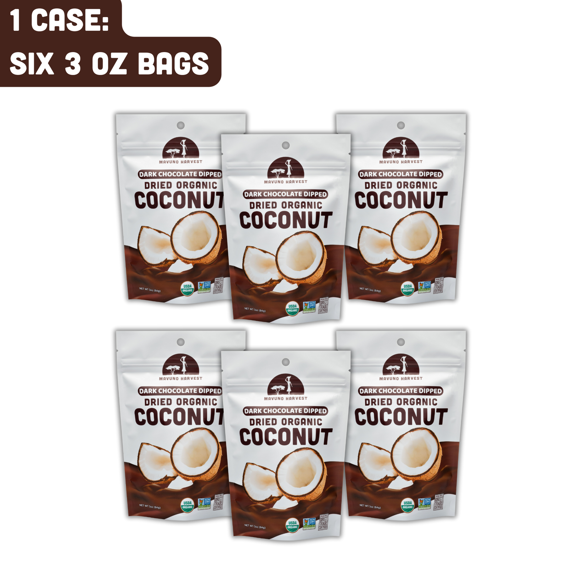 Organic Dark Chocolate Dipped Dried Coconut, 6-pack case