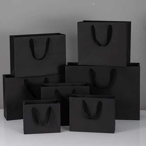 10pc, All Black Cotton Handle Paper Gift Bag w/ free tissue