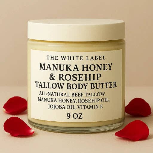 White Label Manuka Honey & Rosehip Tallow Body Butter (2oz / 9oz) – All-Natural, Customizable Skincare | Private Label by May’s Naturals