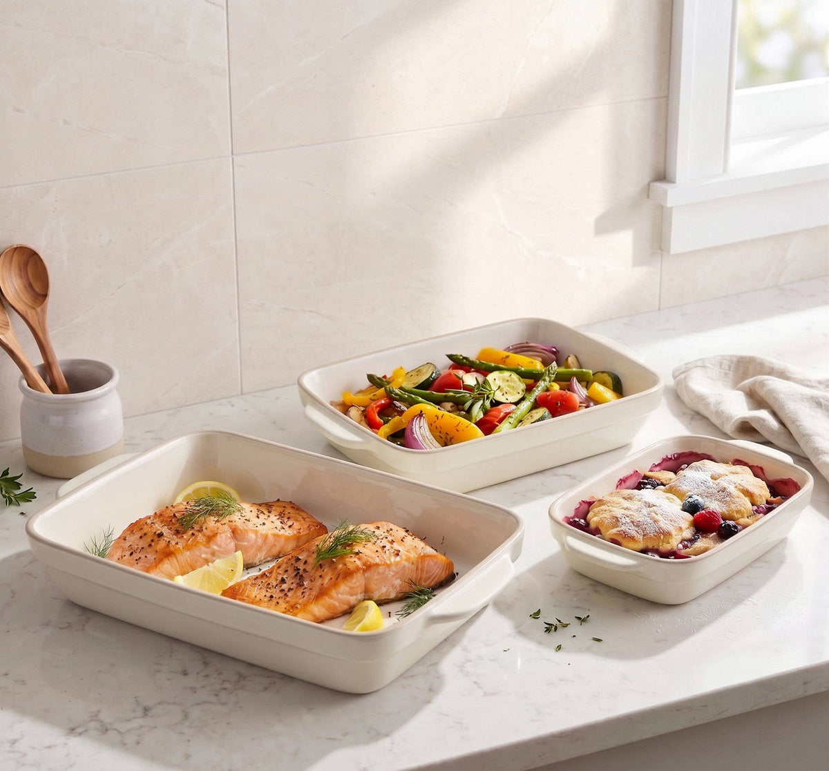 Kook Ceramic Rimmed Baking Dish Set of 3, White