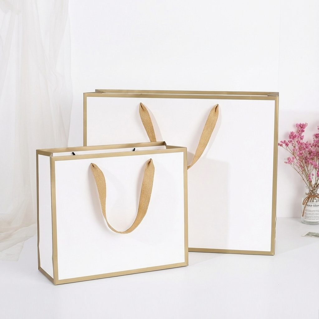 White with Gold Border Paper Gift Bag w/ free tissue