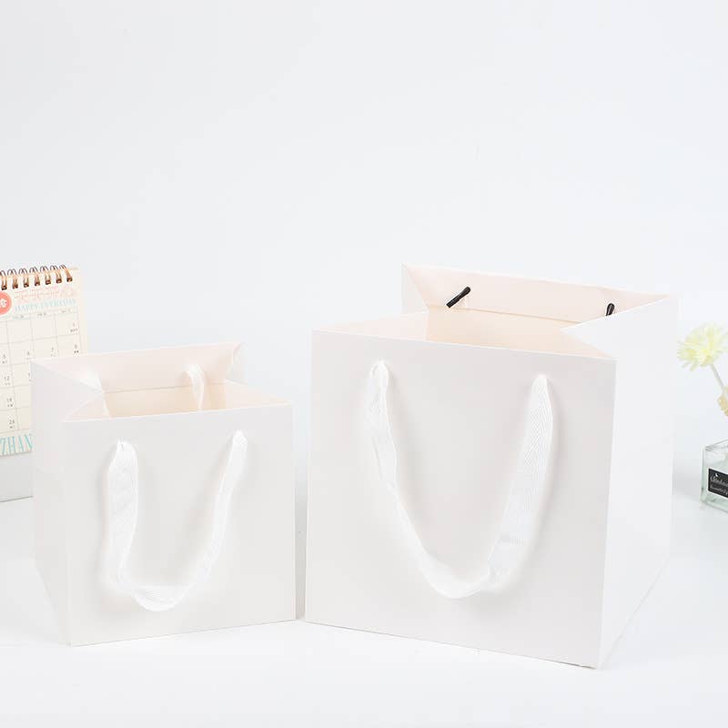 All White Square Cotton Handle Paper Gift Bag w/ free tissue