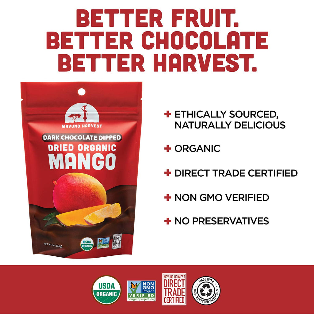 Organic Dark Chocolate Dipped Dried Mango, 6-pack case