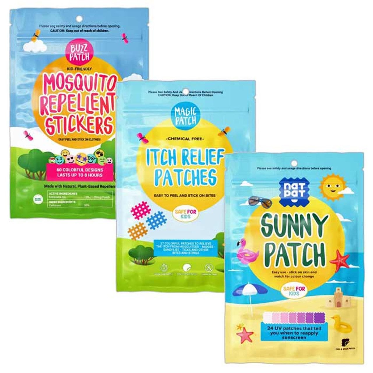 Natural Patch Co Buzz Patch, Itch Relief Patch, and Sunny Patch